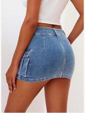 High-Rise Blue Denim Mini Skirt with Side Pocket
